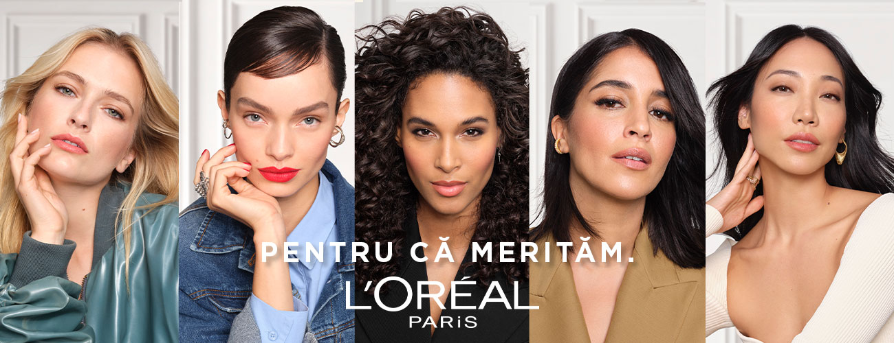 Banner pentru L'Or&eacute;al Paris afiș&acirc;nd un montaj de cinci femei diverse, fiecare cu caracteristici unice și machiaj reprezentativ pentru brand. De la st&acirc;nga la dreapta: o femeie blondă cu machiaj natural, o femeie cu părul brunet și buze roșii, o femeie cu părul creț și machiaj radiant, o femeie cu tenul măsliniu și machiaj sofisticat, și o femeie asiatică cu machiaj subtil. Toate privesc direct spre privitor, suger&acirc;nd &icirc;ncredere și eleganță. Sub sloganul 'Pentru că merităm.' &icirc;n centru jos, se află logo-ul L'Or&eacute;al Paris. Imaginea este folosită pentru descrierea brand-ului.